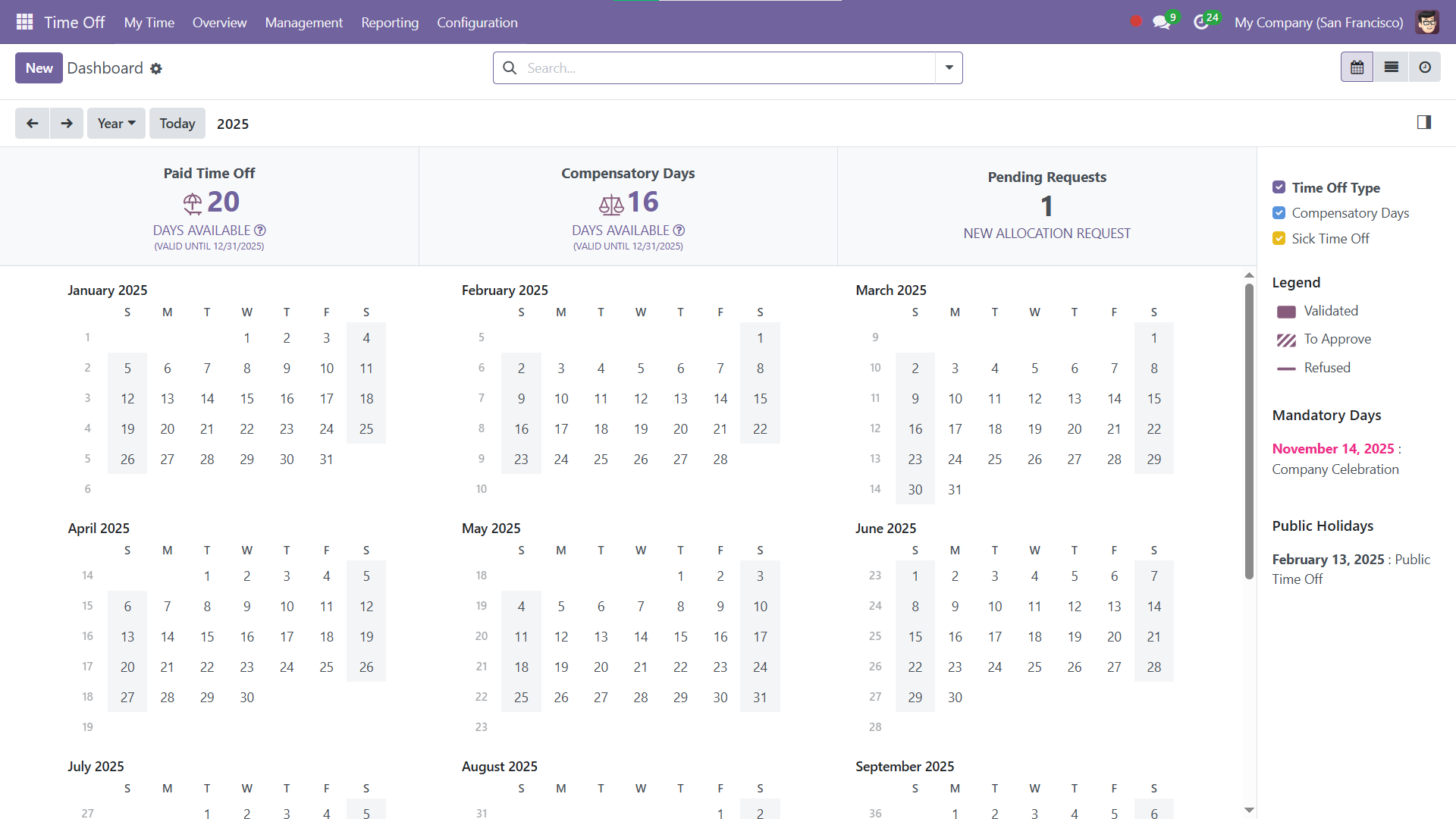 Time Off module calendar with upcoming absences